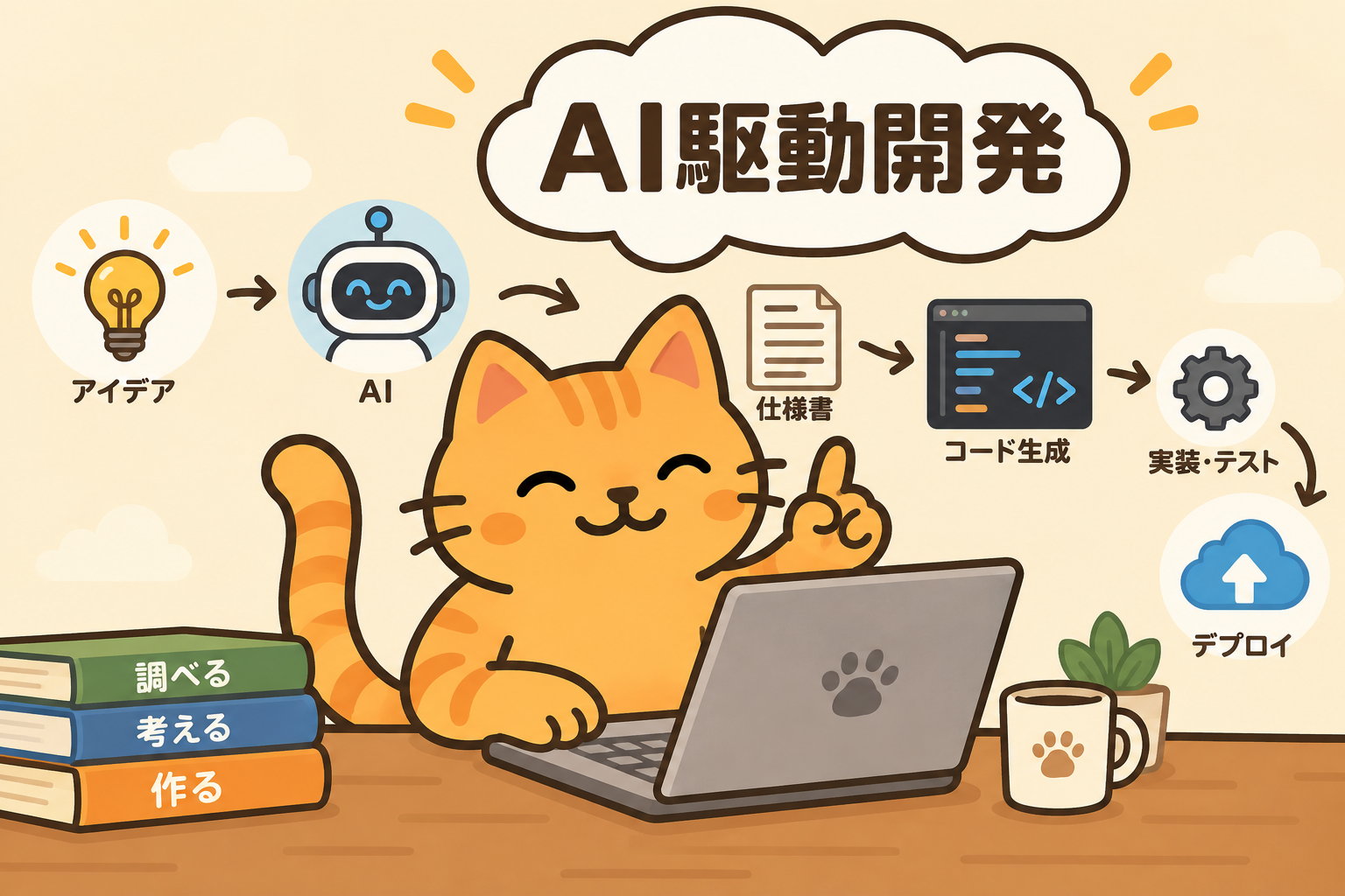 猫とAIがアイデアから仕様書、コード生成、実装・テスト、デプロイへ進むAI駆動開発のイラスト