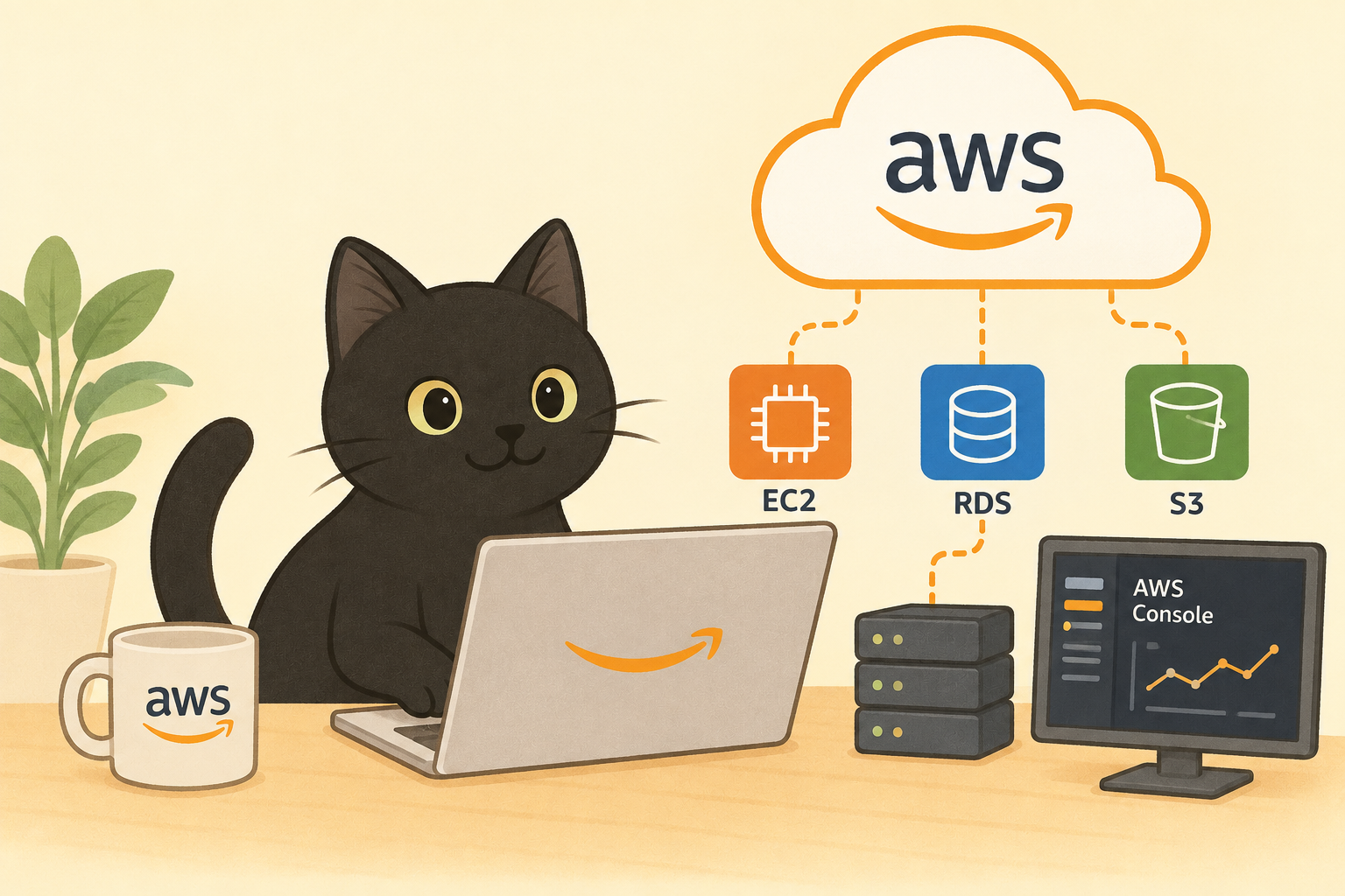 黒猫とAWSクラウド、EC2・RDS・S3を描いたイラスト