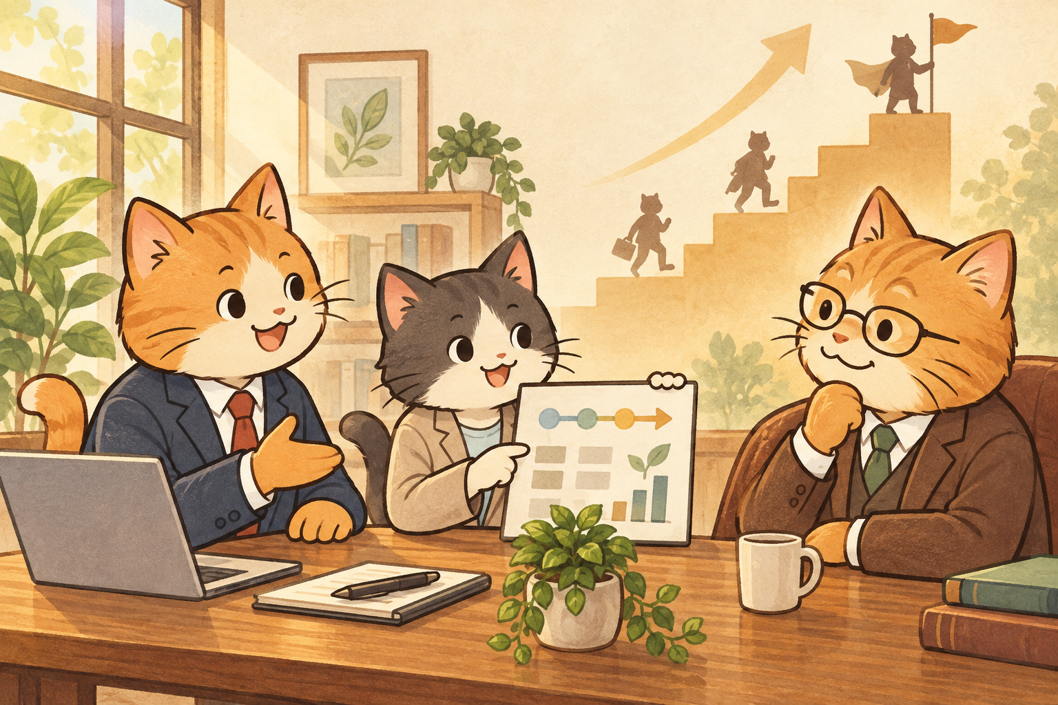チームで学び、成長を支え合う猫たちのイラスト